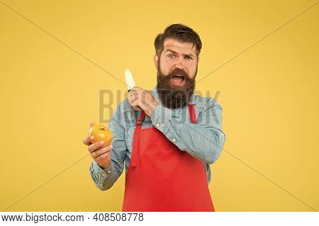 Mature Man Hold Knife And Vegetable. Chef Prepares Meal. Safe Cutting. Cutting Veggies. Ultimate Lis