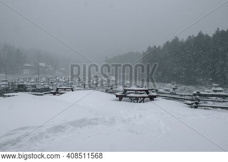 Snow On A Winter Day At Pedder Bay On Vancouver Island, British Columbia, Canada