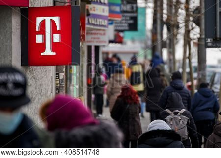 Bucharest, Romania -  February 16, 2021: A Logo Of Telekom, German Telecommunications Company, Is Di