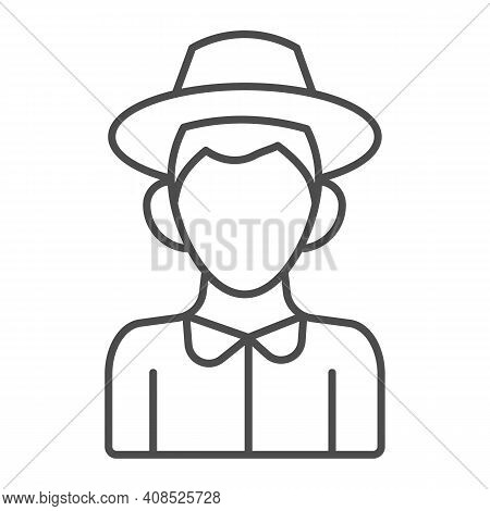 Farmer Boy Thin Line Icon, Thanksgiving Day Concept, Peasant In Hat Sign On White Background, Charac