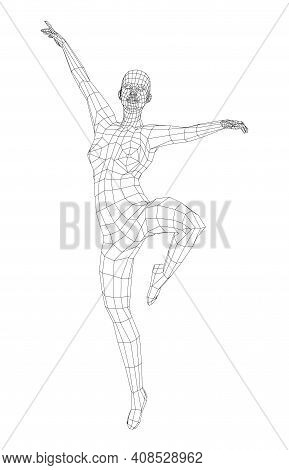 Wireframe Ballerina Or Dancer In Dance Pose. Vector 3d Rendering