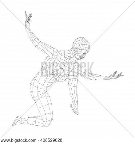 Wireframe Ballerina Or Dancer In Dance Pose. Vector 3d Rendering