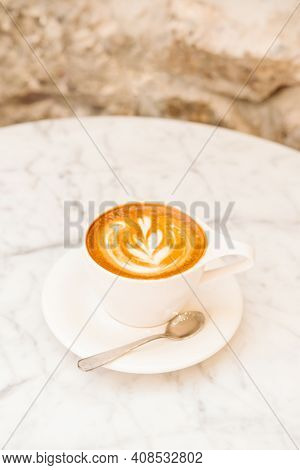 Cup Of Cappuccino On The White Marble Table In A Modern Cafe. Time Out, Coffee, Luxury Living, Time 