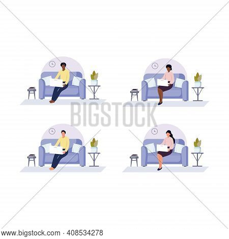 Vector Flat Illustration. Set On The Topic Work At Home Remotely Online. Distance Learning, Home Off