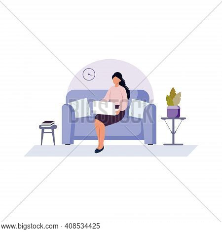 A Beautiful Girl Is Sitting On The Sofa And Working At Home On The Computer. The Concept Of Freelanc