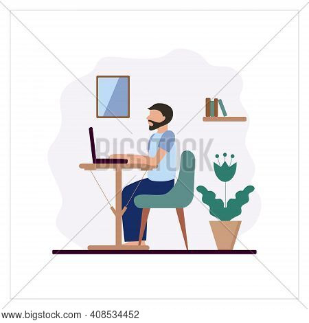 A Man With A Beard Sits At Home And Works On A Computer. Vector Illustration In Flat Style. The Conc