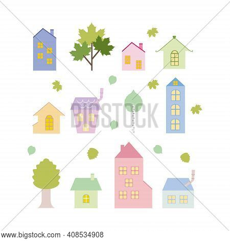 Houses And Trees On A White Background. Vector Doodle Illustration. Drawing For Children, Wallpaper 