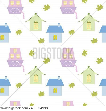 Seamless Background Of Houses And Maple Leaves On A White Background. Children's Vector Cartoon Illu
