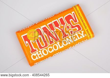 Bordeaux , Aquitaine France - 02 13 2021 : Tonys Chocolonely Milk Chocolate Bar With Brand Text Logo