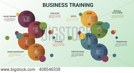 Infographic Business Training Template. Icons In Different Colors. Include Online Training, Consulti