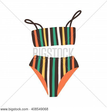 Bright Stylish Female Swimsuit With High-waste Panties And Wireless Bra. Fashionable Striped Swimwea