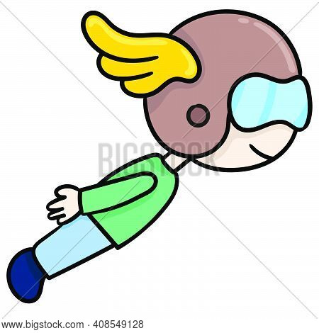 Son With Helmet Flew Into The Sky. Cartoon Caharacter Cute Doodle Draw