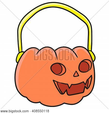 Halloween Basket Shaped Spooky Pumpkin. Doodle Icon Image. Cartoon Caharacter Cute Doodle Draw