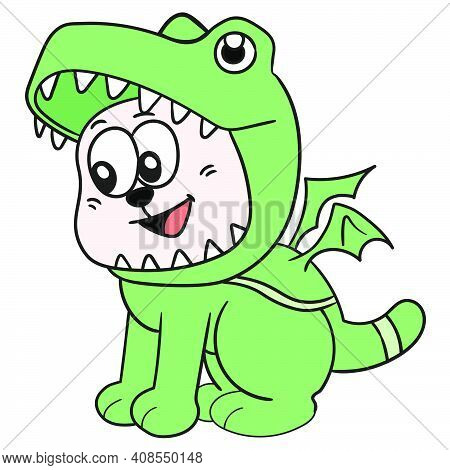 A Little Dog In A Dinosaur Costume. Doodle Icon Image. Cartoon Caharacter Cute Doodle Draw