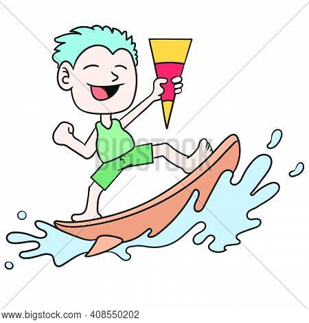 Boy Is Playing Surfing On The Beach. Doodle Icon Image. Cartoon Caharacter Cute Doodle Draw