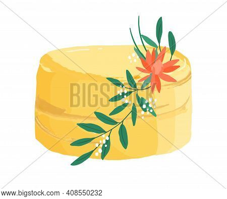 Wedding Or Birthday Dessert Decorated With Flower And Leaves. Festive Layered Lemon Cake Topped With
