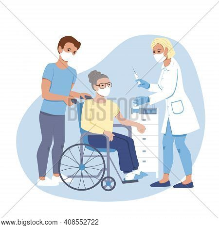 Vaccination Against Coronavirus. Doctor In Face Mask With Syringe Giving Injection To An Elderly Wom