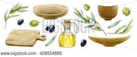 Rustic Kitchen Set With Olive Oil And Tree Branches. Wood Cooking Plate, Bowl, Glass Jug With Virgin
