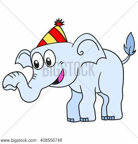 An Elephant Celebrating A Birthday. Doodle Icon Image. Cartoon Caharacter Cute Doodle Draw