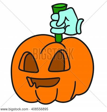 Hand Holding A Halloween Pumpkin. Doodle Icon Image. Cartoon Caharacter Cute Doodle Draw