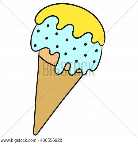 Ice Cream Cone With Melted Cream. Doodle Icon Image. Cartoon Caharacter Cute Doodle Draw