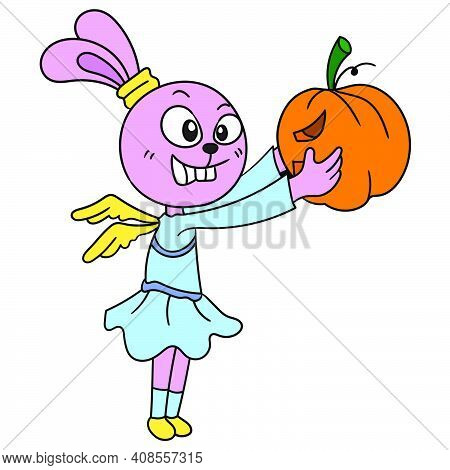 Rabbit And Pumpkin Halloween Celebration. Doodle Icon Image. Cartoon Caharacter Cute Doodle Draw