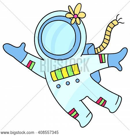 Astronauts Flying In Outer Space. Doodle Icon Image. Cartoon Caharacter Cute Doodle Draw