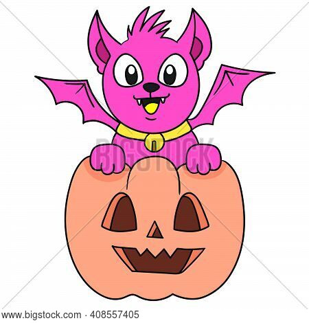 Little Devil And Halloween Pumpkin Are Having A Party. Doodle Icon Image. Cartoon Caharacter Cute Do