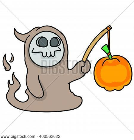 The Angel Of Death Walking With Pumpkin Lanterns. Cartoon Caharacter Cute Doodle Draw