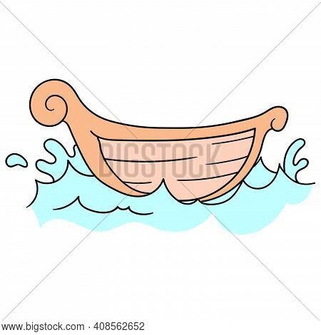 Wooden Boat In The Middle Of The Sea. Cartoon Caharacter Cute Doodle Draw