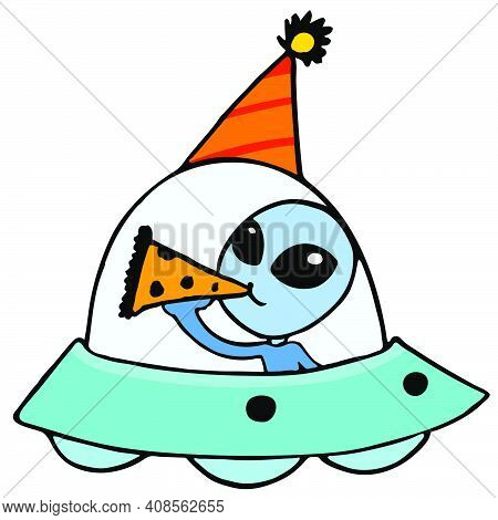 Aliens And Flying Ufo Planes Celebrating New Year. Cartoon Caharacter Cute Doodle Draw