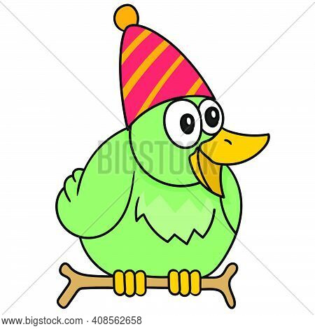 A Bird On A Stalk Wearing A Birthday Hat. Doodle Icon Image. Cartoon Caharacter Cute Doodle Draw