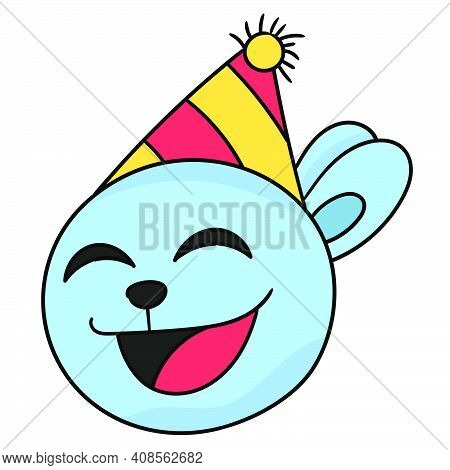 Birthday Bunny Ball Emoticon. Doodle Icon Image. Cartoon Caharacter Cute Doodle Draw