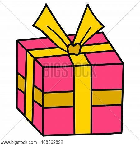 Gift Box Decorated With Beautiful Ribbons. Doodle Icon Image. Cartoon Caharacter Cute Doodle Draw