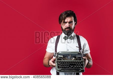 Journalistic Concept. Brutal Handsome Man With Moustache. Mature Typist Use Vintage Typewriter. Masc