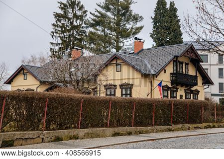 Art Nouveau House Simak's Villa Or Simakova Vila, Narrow Medieval Picturesque Street With Baroque An