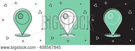 Set Map Pointer With Billiard Pool Snooker Ball With Number 8 Icon Isolated On White And Green, Blac
