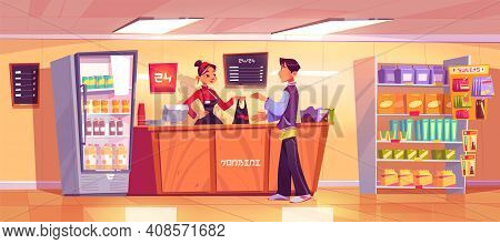 Japanese Konbini Shop With Seller Give Products To Consumer. Asian Woman Vendor In Uniform Stand At 