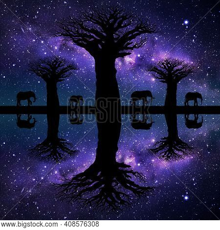 Elephant Family In Savannah. Baobab Tree And Milky Way At Starry Night