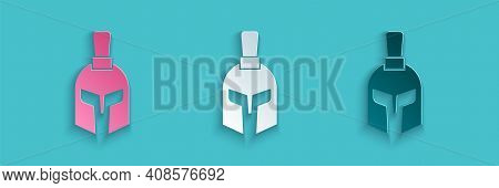 Paper Cut Greek Helmet Icon Isolated On Blue Background. Antiques Helmet For Head Protection Soldier