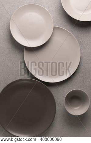 Gray Plates, A Set Of Dishes. Geometric Minimalistic Still Life