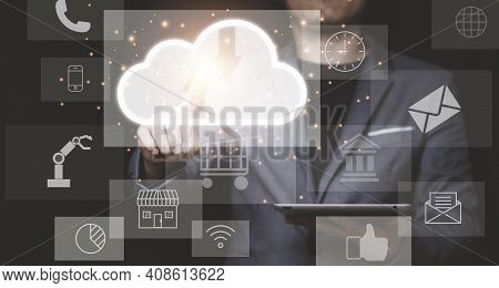 Businessman Holding Tablet And Touching Virtual Cloud Computing With Technology Icons S. Cloud Techn