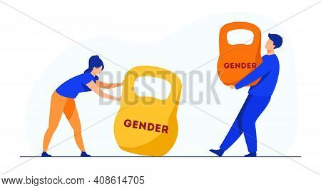 Gender Discrimination And Inequality. Man And Woman Lifting Kettlebells Of Different Weight. Flat Ve