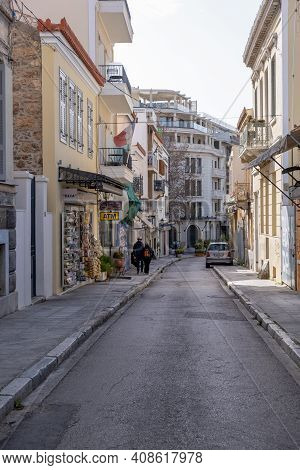 Athens, Greece. February 11, 2021. Plaka Traditional City Center At Coronavirus Pandemic Lockdown.
