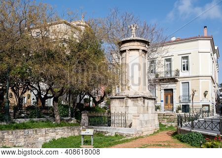 Athens Greece. February 11, 2021. Choragic Monument Of Lysicrates Background.
