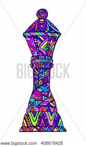 Colorful Queen Chess Piece With Many Decorative Abstract Patterns, Doodle Style, Isolated On White
