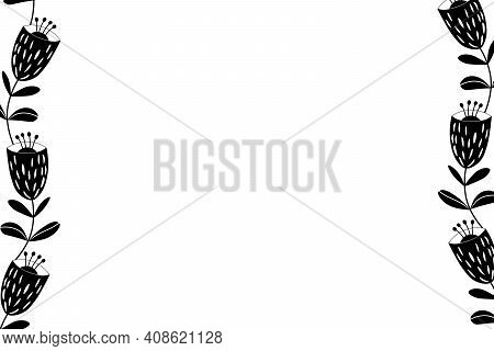 Floral Frame Based On Traditional Folk Art Ornaments On White Background. Ornate Border With Black F