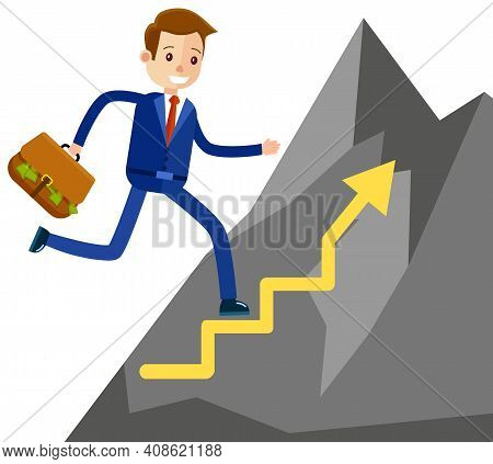 Businessman Climbs Mountain. Man In Business Suit Walking Up Career Ladder. Rock Climber Isolated On