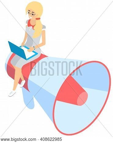 Big Megaphone With A Small Woman Watching News. Professional Marketer Makes Advertising To Attract A