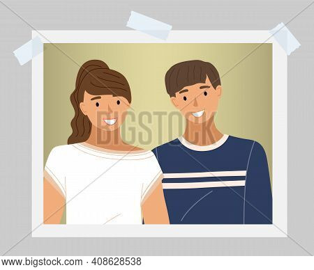 Young People Photo Card With White Frame. Friends Guy And Girl, Couple In Love. Smiling Man And Woma